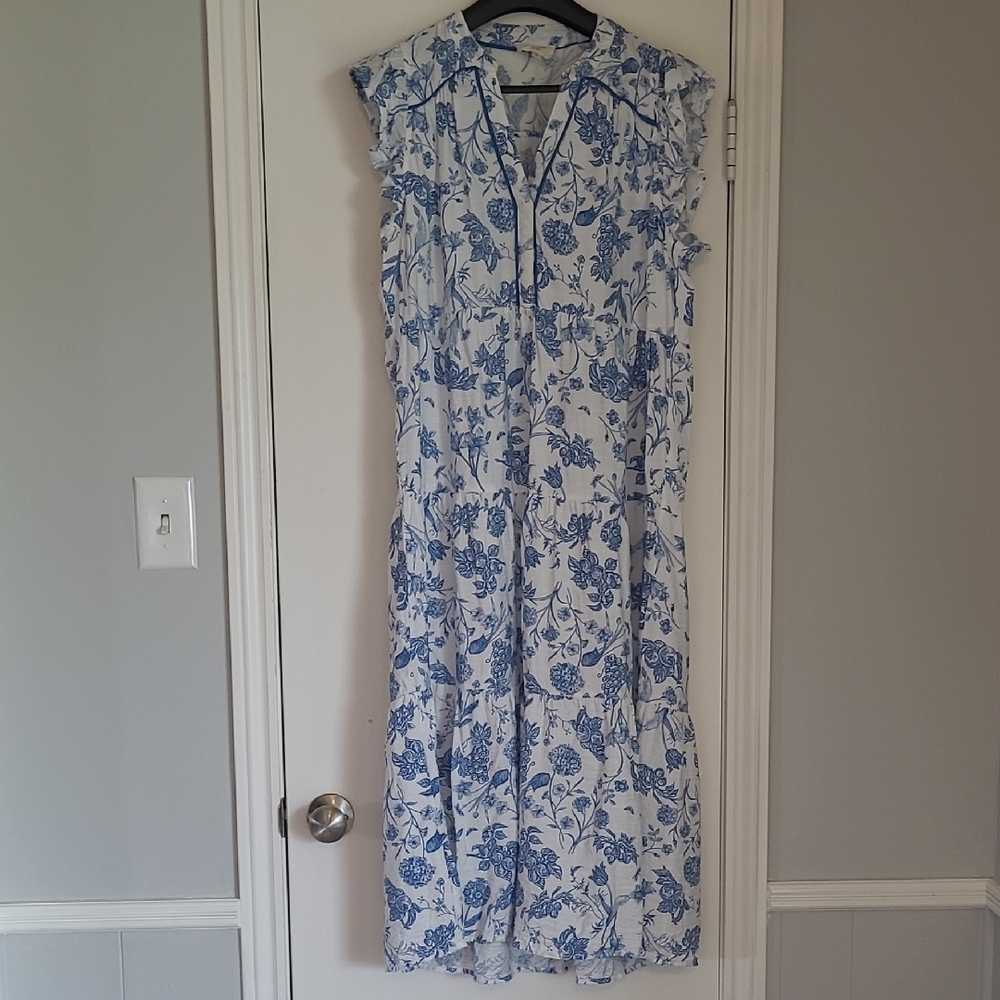 Umgee Blue and White Sheath Dress with Mandarin Collar